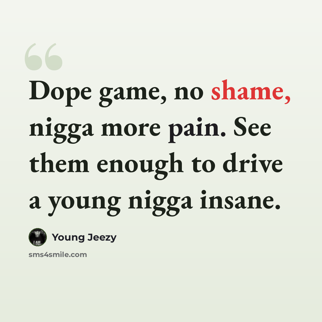 “Dope game, no shame, nigga more pain. See them enough to drive a young nigga insane.” quote by Young Jeezy