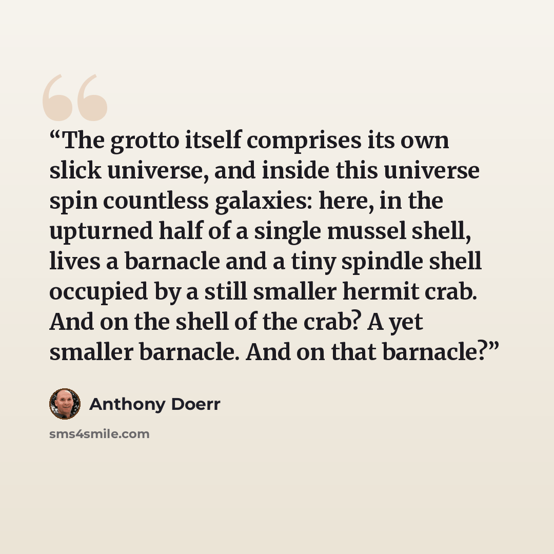 “The grotto itself comprises its own slick universe, and inside this universe spin countless galaxies: here, in the upturned half of a single mussel shell, lives a barnacle and a tiny spindle shell occupied by a still smaller hermit crab. And on the shell of the crab? A yet smaller barnacle. And on…” quote by Anthony Doerr