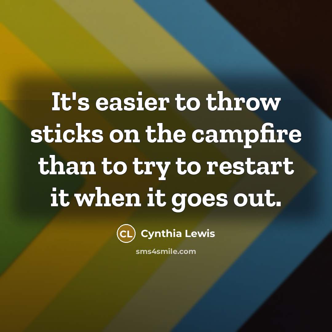 “It's easier to throw sticks on the campfire than to try to restart it when it goes out.” quote by Cynthia Lewis