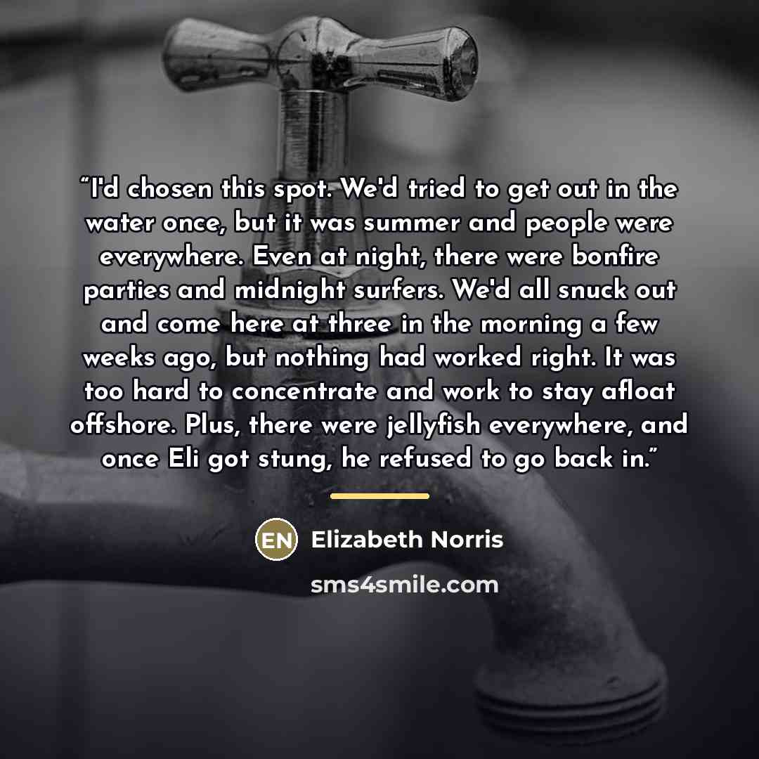 “I'd chosen this spot. We'd tried to get out in the water once, but it was summer and people were everywhere. Even at night, there were bonfire parties and midnight surfers. We'd all snuck out and come here at three in the morning a few weeks ago, but nothing had worked right. It was too hard to…” quote by Elizabeth Norris