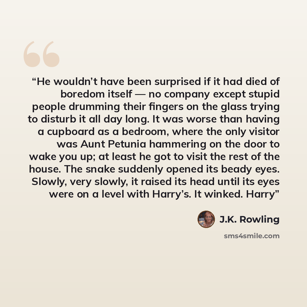 “He wouldn’t have been surprised if it had died of boredom itself — no company except stupid people drumming their fingers on the glass trying to disturb it all day long. It was worse than having a cupboard as a bedroom, where the only visitor was Aunt Petunia hammering on the door to wake you up…” quote by J.K. Rowling