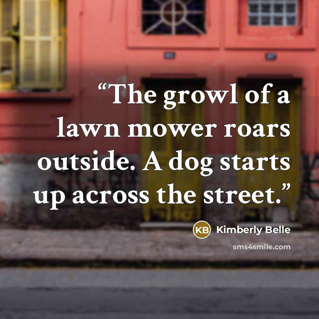 “The growl of a lawn mower roars outside. A dog starts up across the street.” quote by Kimberly Belle