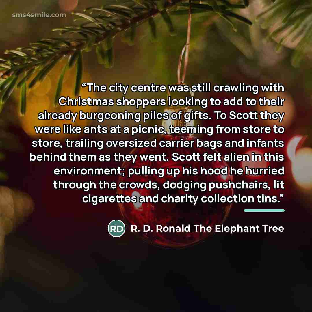 “The city centre was still crawling with Christmas shoppers looking to add to their already burgeoning piles of gifts. To Scott they were like ants at a picnic, teeming from store to store, trailing oversized carrier bags and infants behind them as they went. Scott felt alien in this environment…” quote by Anonymous