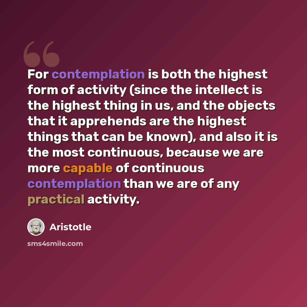 “For contemplation is both the highest form of activity (since the intellect is the highest thing in us, and the objects that it apprehends are the highest things that can be known), and also it is the most continuous, because we are more capable of continuous contemplation than we are of any…” quote by Aristotle