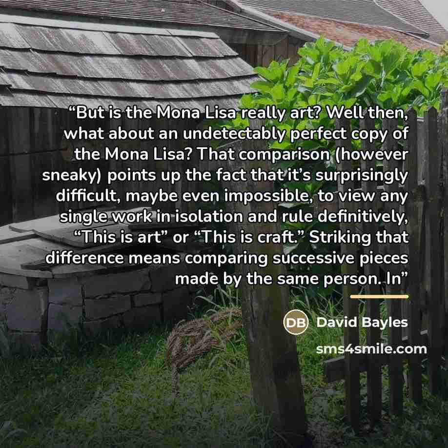 “But is the Mona Lisa really art? Well then, what about an undetectably perfect copy of the Mona Lisa? That comparison (however sneaky) points up the fact that it’s surprisingly difficult, maybe even impossible, to view any single work in isolation and rule definitively, “This is art” or “This is…” quote by David Bayles