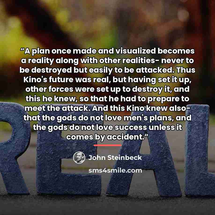“A plan once made and visualized becomes a reality along with other realities- never to be destroyed but easily to be attacked. Thus Kino's future was real, but having set it up, other forces were set up to destroy it, and this he knew, so that he had to prepare to meet the attack. And this Kino…” quote by John Steinbeck