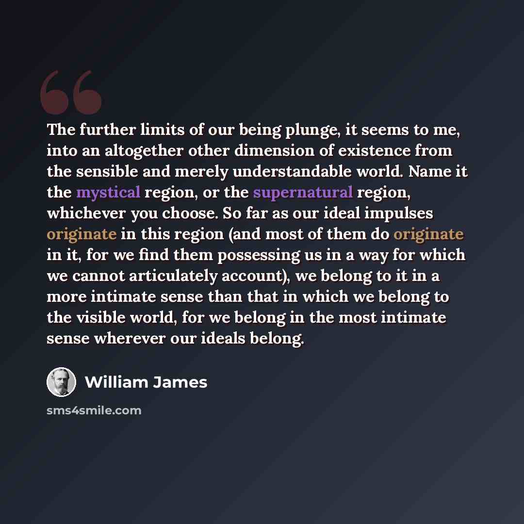 “The further limits of our being plunge, it seems to me, into an altogether other dimension of existence from the sensible and merely understandable world. Name it the mystical region, or the supernatural region, whichever you choose. So far as our ideal impulses originate in this region (and most…” quote by William James