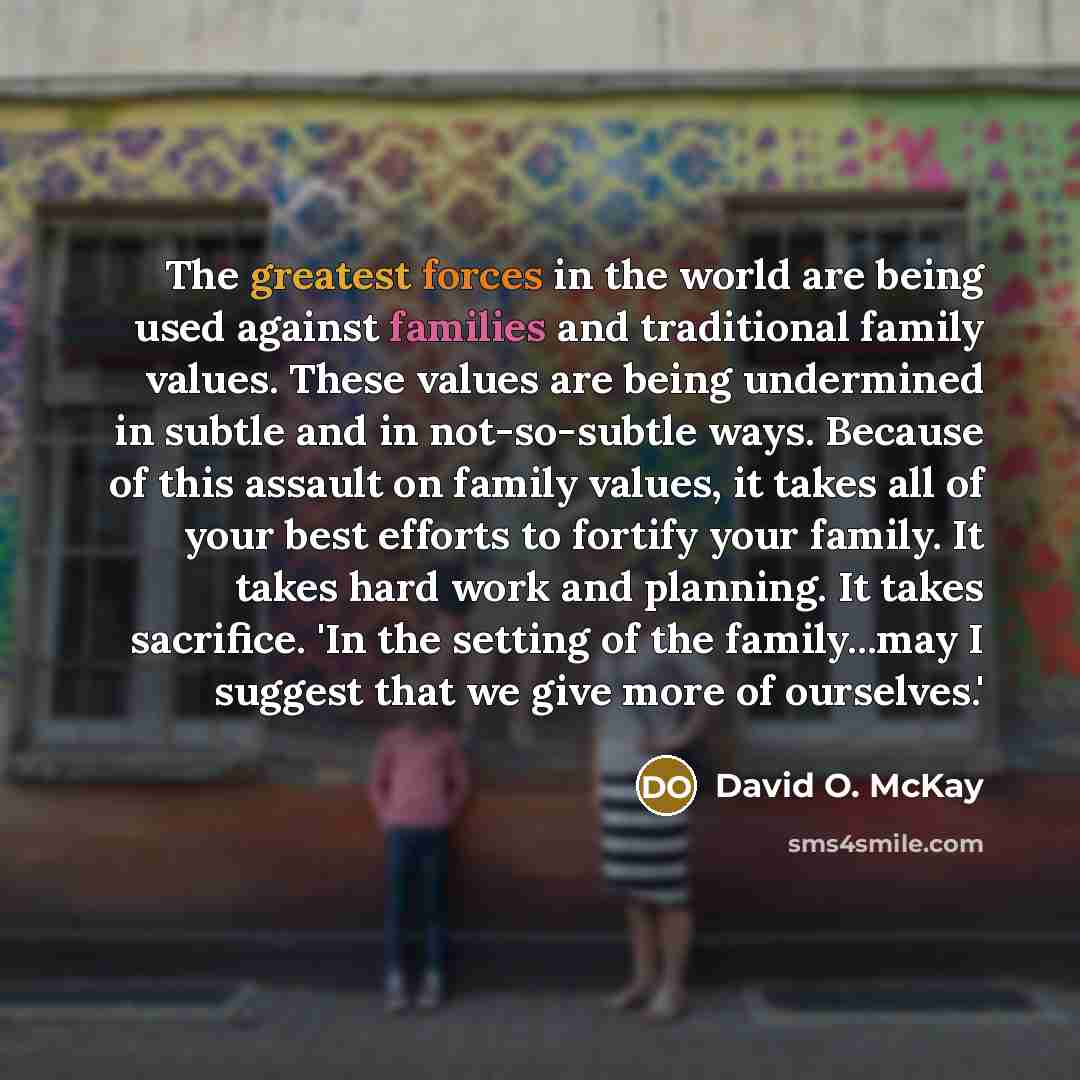 “The greatest forces in the world are being used against families and traditional family values. These values are being undermined in subtle and in not-so-subtle ways. Because of this assault on family values, it takes all of your best efforts to fortify your family. It takes hard work and…” quote by David O. McKay