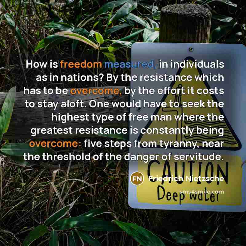 “How is freedom measured, in individuals as in nations? By the resistance which has to be overcome, by the effort it costs to stay aloft. One would have to seek the highest type of free man where the greatest resistance is constantly being overcome: five steps from tyranny, near the threshold of…” quote by Friedrich Nietzsche