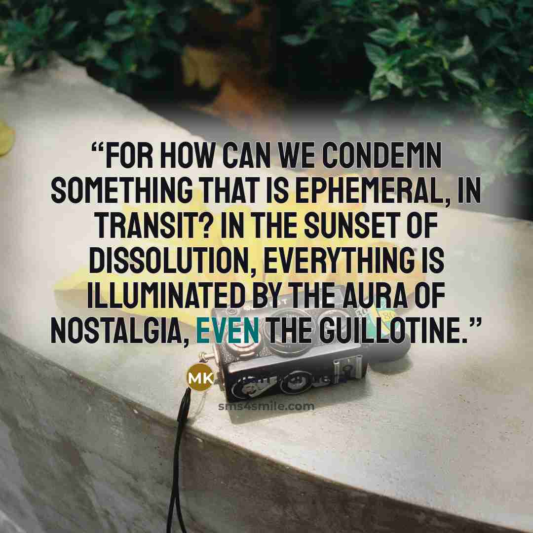 “For how can we condemn something that is ephemeral, in transit? In the sunset of dissolution, everything is illuminated by the aura of nostalgia, even the guillotine.” quote by Milan Kundera