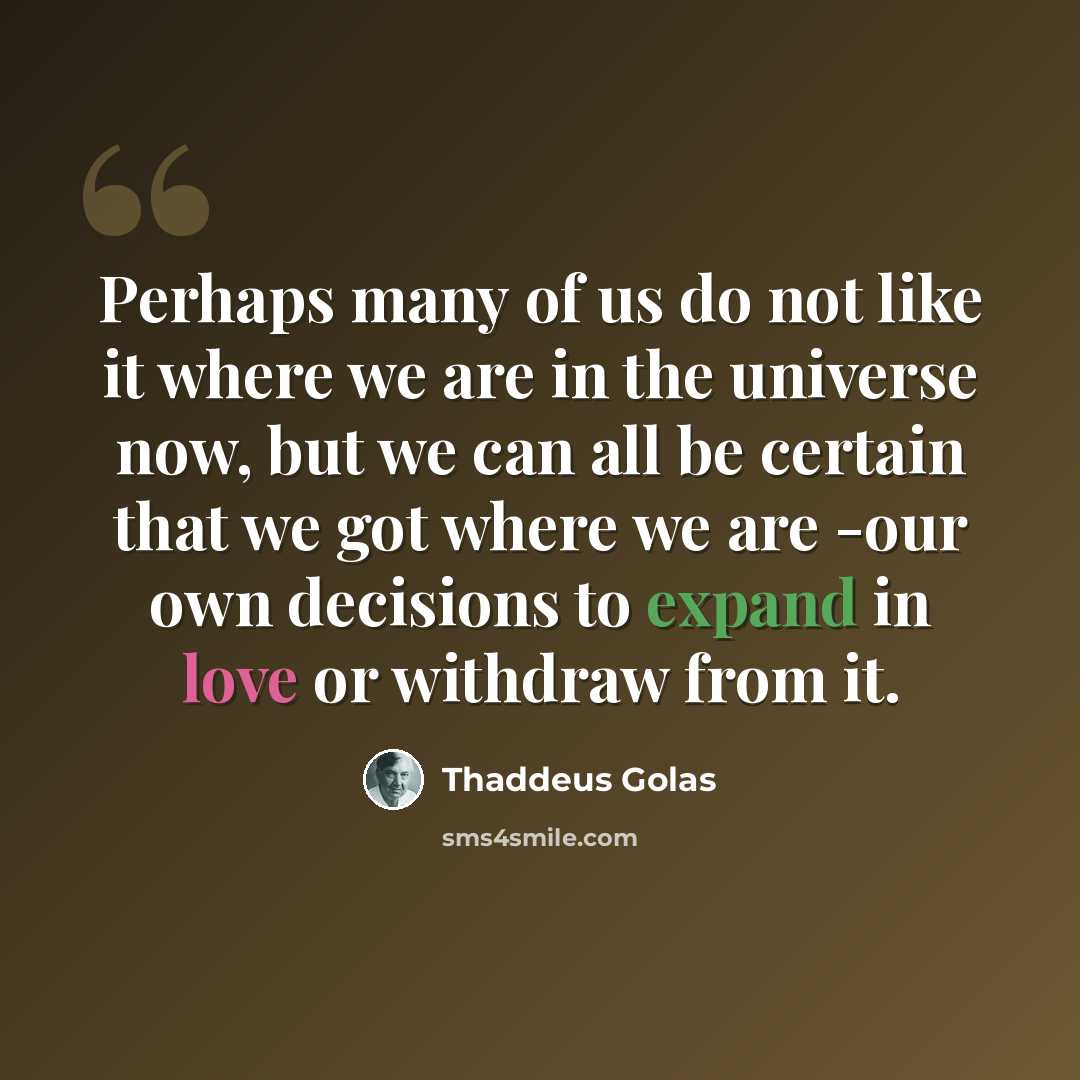 “Perhaps many of us do not like it where we are in the universe now, but we can all be certain that we got where we are -our own decisions to expand in love or withdraw from it.” quote by Thaddeus Golas