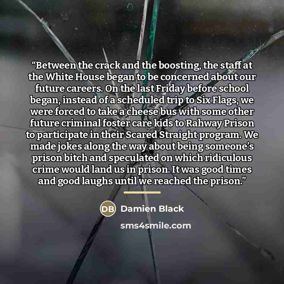 “Between the crack and the boosting, the staff at the White House began to be concerned about our future careers. On the last Friday before school began, instead of a scheduled trip to Six Flags, we were forced to take a cheese bus with some other future criminal foster care kids to Rahway Prison…” quote by Damien Black
