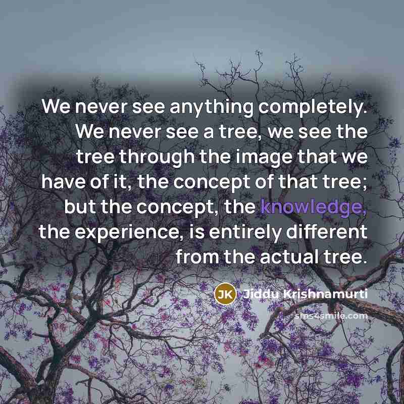 “We never see anything completely. We never see a tree, we see the tree through the image that we have of it, the concept of that tree; but the concept, the knowledge, the experience, is entirely different from the actual tree.” quote by Jiddu Krishnamurti