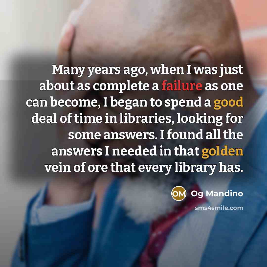 “Many years ago, when I was just about as complete a failure as one can become, I began to spend a good deal of time in libraries, looking for some answers. I found all the answers I needed in that golden vein of ore that every library has.” quote by Og Mandino