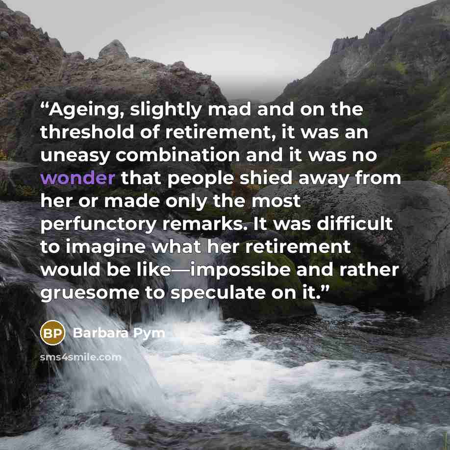 “Ageing, slightly mad and on the threshold of retirement, it was an uneasy combination and it was no wonder that people shied away from her or made only the most perfunctory remarks. It was difficult to imagine what her retirement would be like—impossibe and rather gruesome to speculate on it.” quote by Barbara Pym