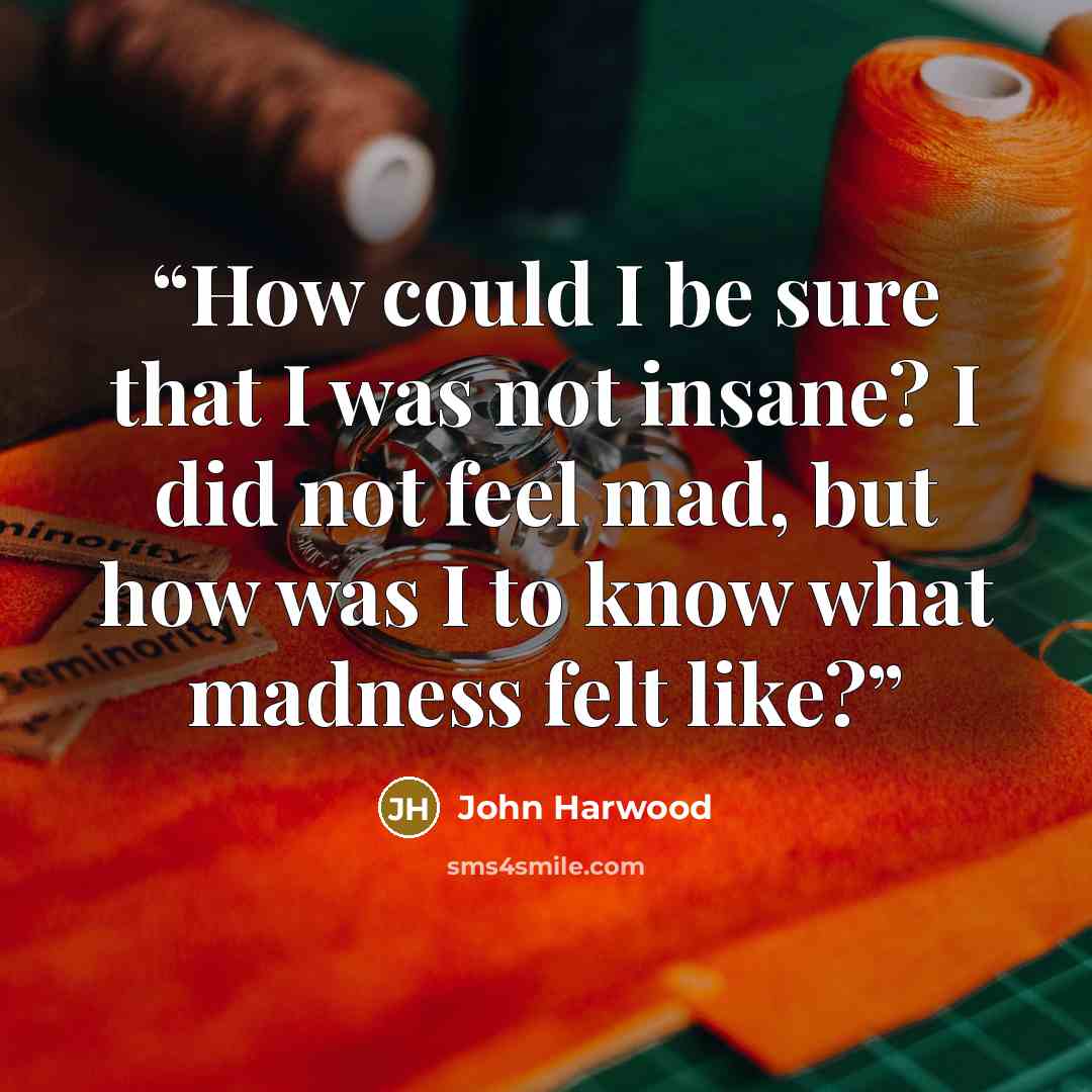 “How could I be sure that I was not insane? I did not feel mad, but how was I to know what madness felt like?” quote by John Harwood