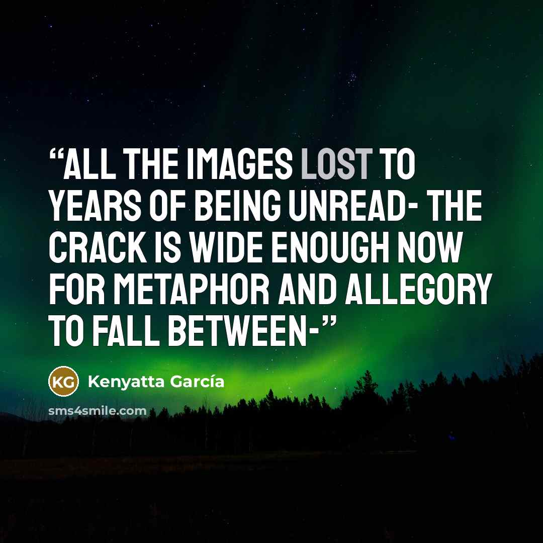 “All the images lost to years of being unread- the crack is wide enough now for metaphor and allegory to fall between-” quote by Kenyatta García