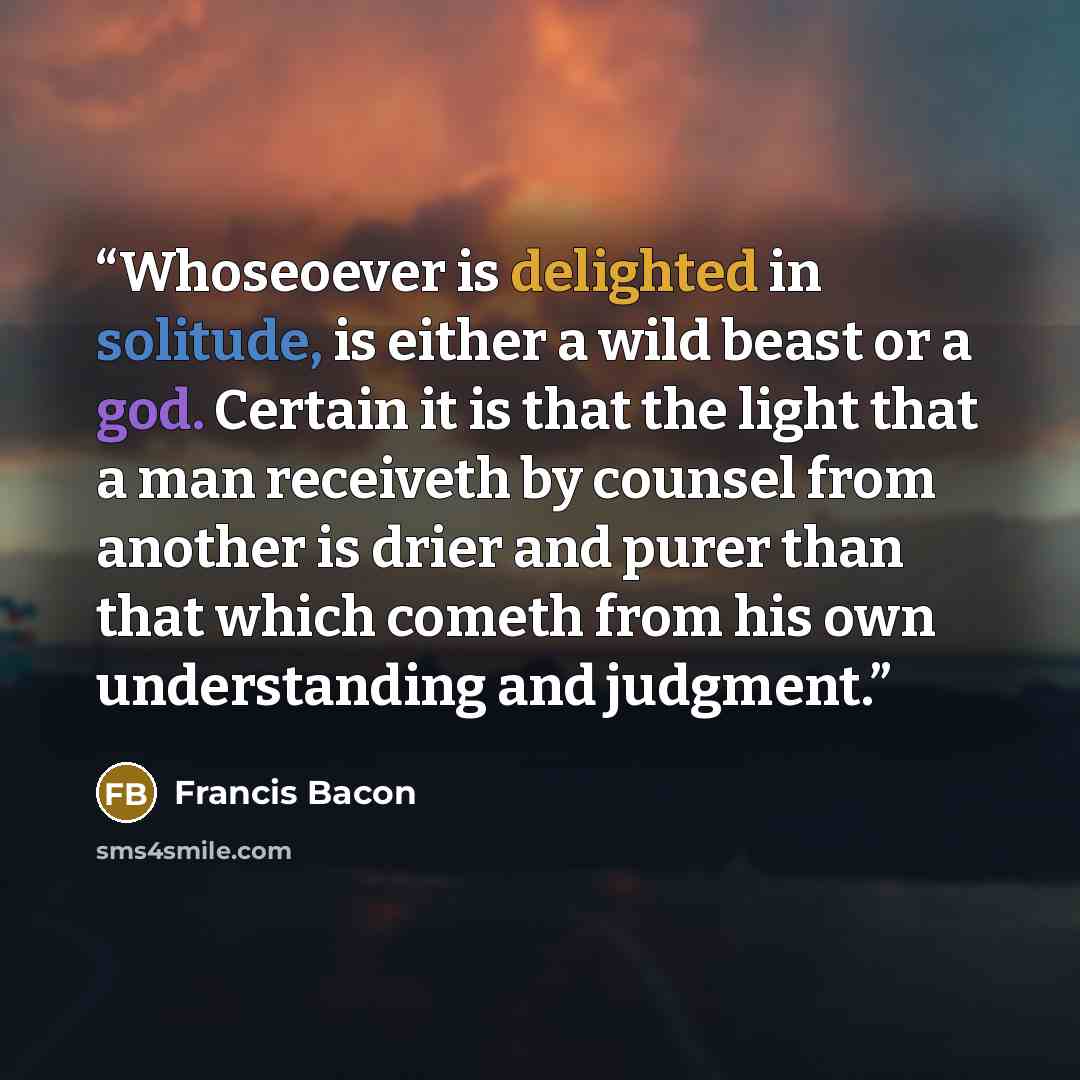 “Whoseoever is delighted in solitude, is either a wild beast or a god. Certain it is that the light that a man receiveth by counsel from another is drier and purer than that which cometh from his own understanding and judgment.” quote by Francis Bacon