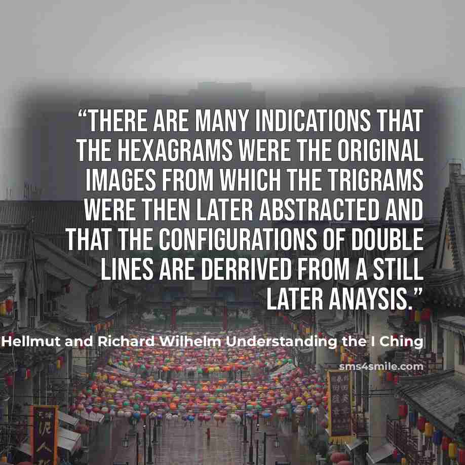 “There are many indications that the hexagrams were the original images from which the trigrams were then later abstracted and that the configurations of double lines are derrived from a still later anaysis.” quote by Hellmut and Richard Wilhelm Understanding the I Ching