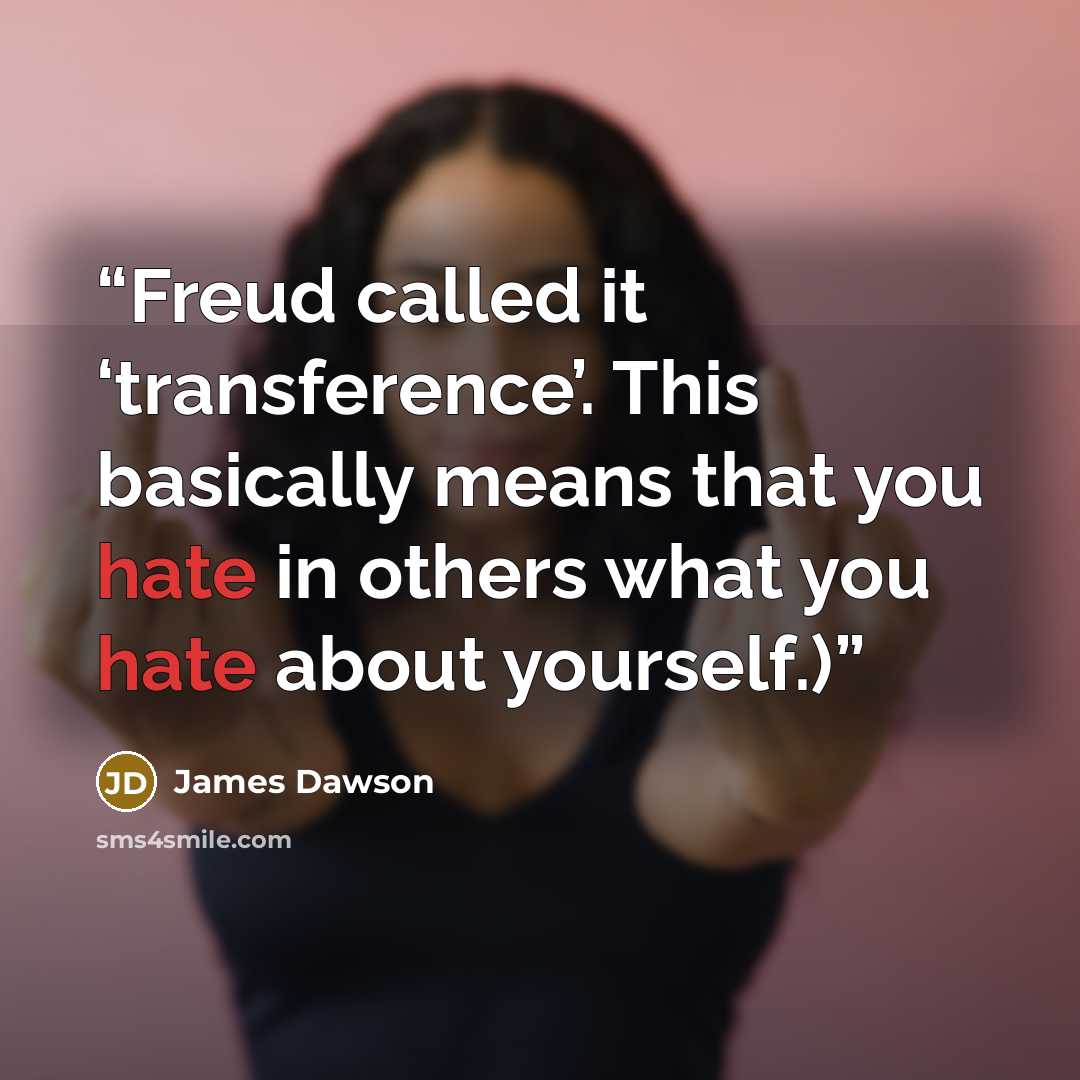 “Freud called it ‘transference’. This basically means that you hate in others what you hate about yourself.)” quote by James Dawson