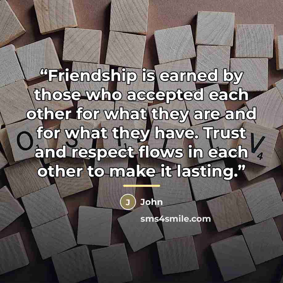“Friendship is earned by those who accepted each other for what they are and for what they have. Trust and respect flows in each other to make it lasting.” quote by John