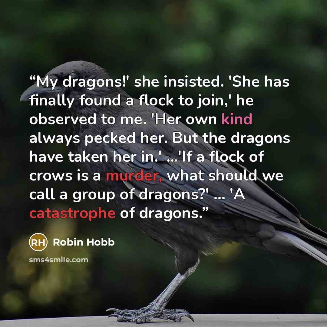 “My dragons!' she insisted. 'She has finally found a flock to join,' he observed to me. 'Her own kind always pecked her. But the dragons have taken her in.' ...'If a flock of crows is a murder, what should we call a group of dragons?' ... 'A catastrophe of dragons.” quote by Robin Hobb