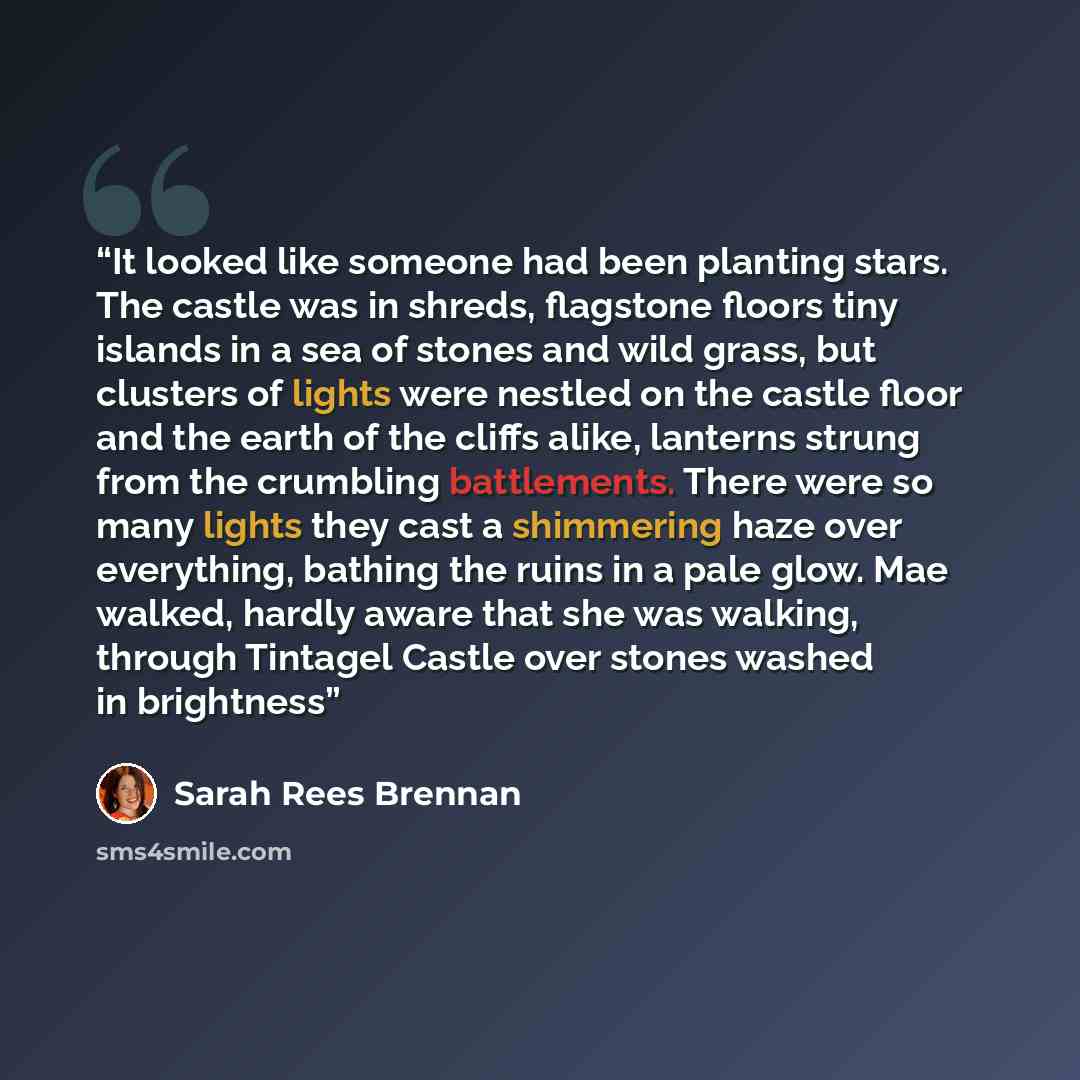 “It looked like someone had been planting stars. The castle was in shreds, flagstone floors tiny islands in a sea of stones and wild grass, but clusters of lights were nestled on the castle floor and the earth of the cliffs alike, lanterns strung from the crumbling battlements. There were so many…” quote by Sarah Rees Brennan