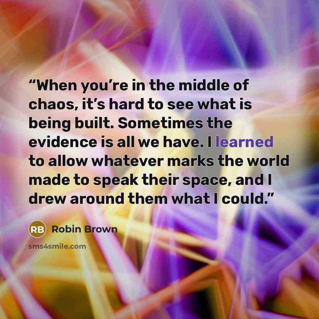 “When you’re in the middle of chaos, it’s hard to see what is being built. Sometimes the evidence is all we have. I learned to allow whatever marks the world made to speak their space, and I drew around them what I could.” quote by Robin Brown