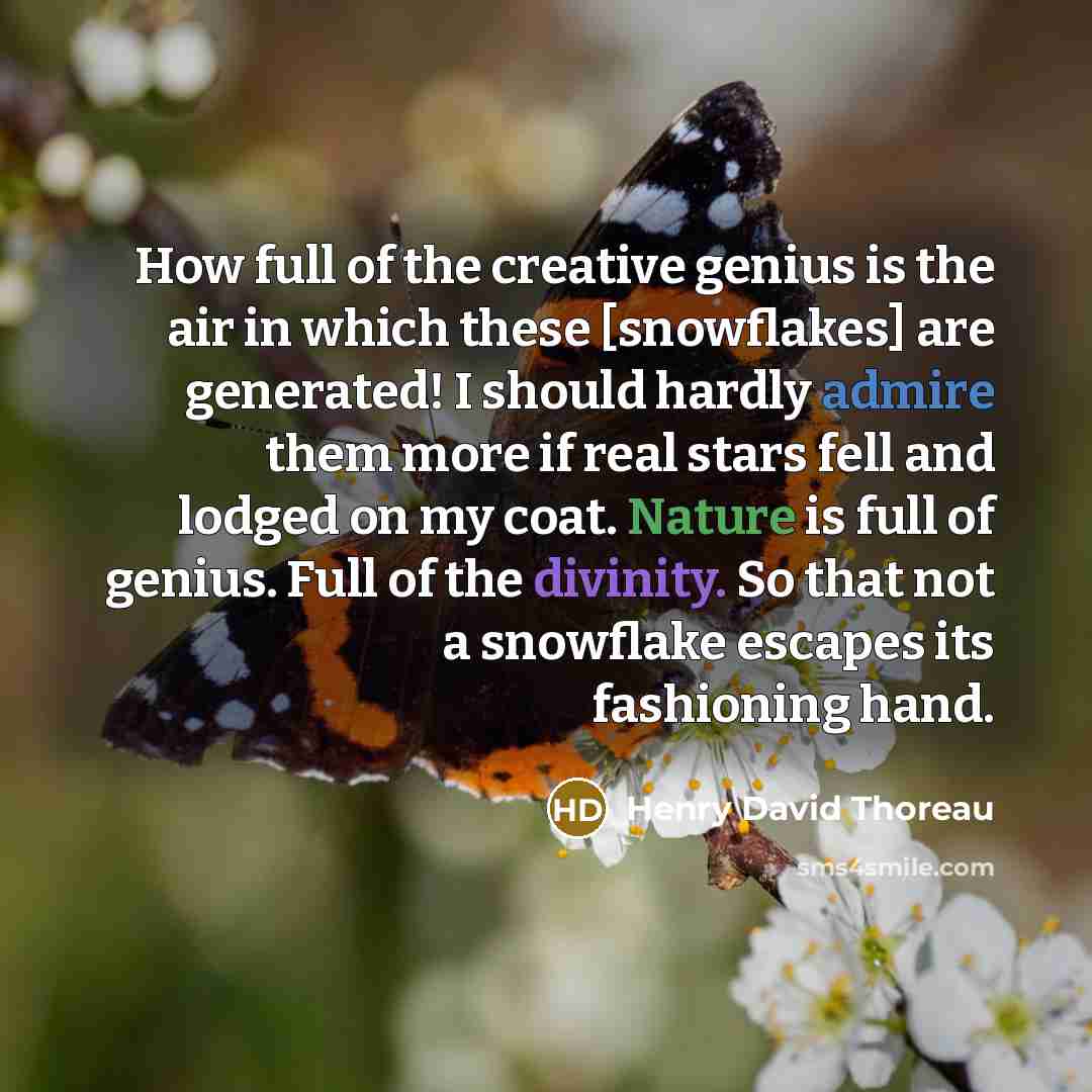 “How full of the creative genius is the air in which these [snowflakes] are generated! I should hardly admire them more if real stars fell and lodged on my coat. Nature is full of genius. Full of the divinity. So that not a snowflake escapes its fashioning hand.” quote by Henry David Thoreau
