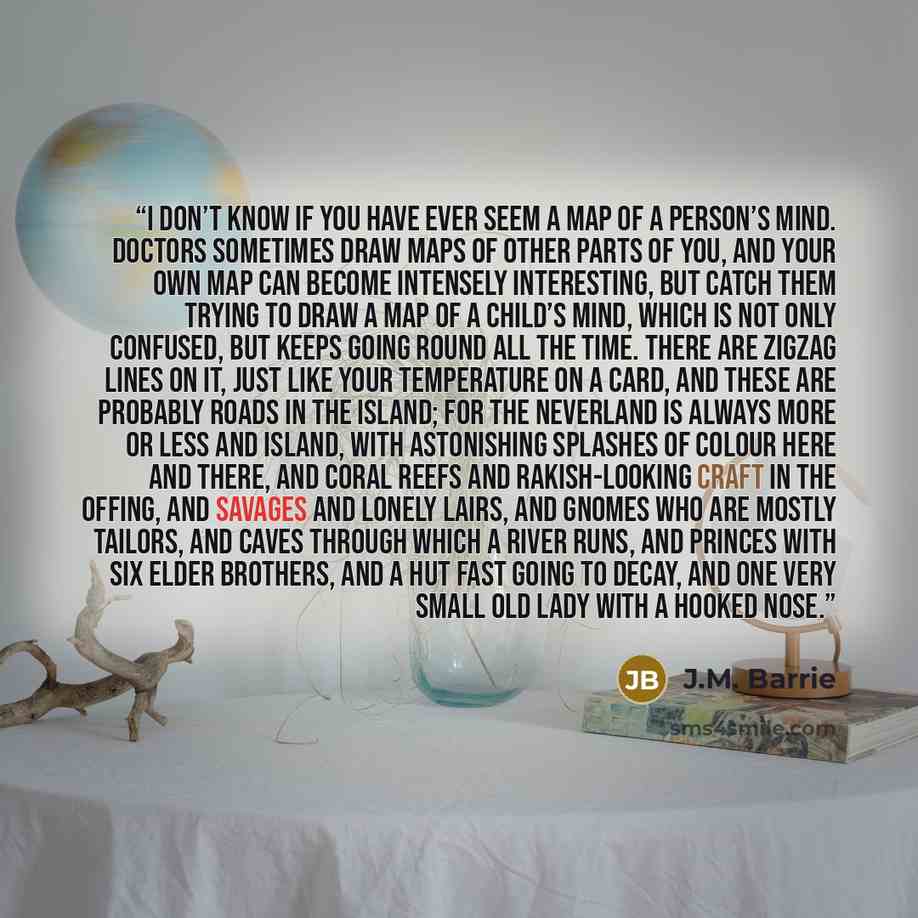 “I don’t know if you have ever seem a map of a person’s mind. Doctors sometimes draw maps of other parts of you, and your own map can become intensely interesting, but catch them trying to draw a map of a child’s mind, which is not only confused, but keeps going round all the time. There are zigzag…” quote by J.M. Barrie