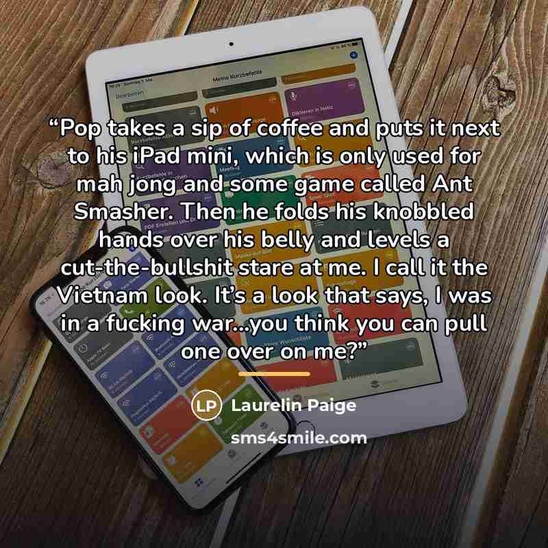 “Pop takes a sip of coffee and puts it next to his iPad mini, which is only used for mah jong and some game called Ant Smasher. Then he folds his knobbled hands over his belly and levels a cut-the-bullshit stare at me. I call it the Vietnam look. It’s a look that says, I was in a fucking war...you…” quote by Laurelin Paige