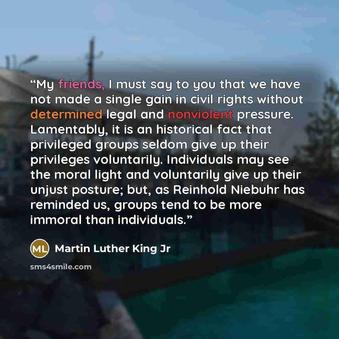“My friends, I must say to you that we have not made a single gain in civil rights without determined legal and nonviolent pressure. Lamentably, it is an historical fact that privileged groups seldom give up their privileges voluntarily. Individuals may see the moral light and voluntarily give up…” quote by Martin Luther King Jr