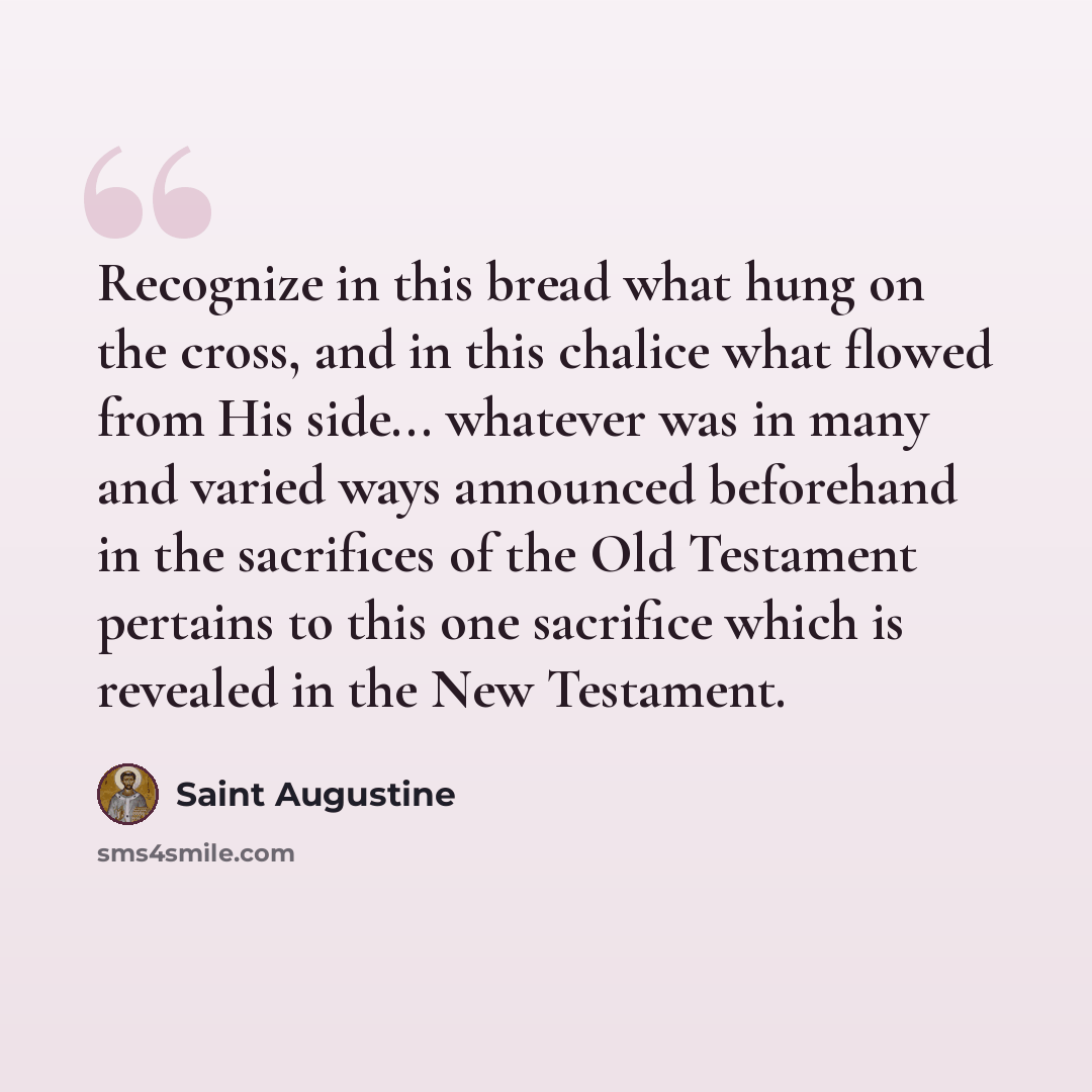 “Recognize in this bread what hung on the cross, and in this chalice what flowed from His side... whatever was in many and varied ways announced beforehand in the sacrifices of the Old Testament pertains to this one sacrifice which is revealed in the New Testament.” quote by Saint Augustine