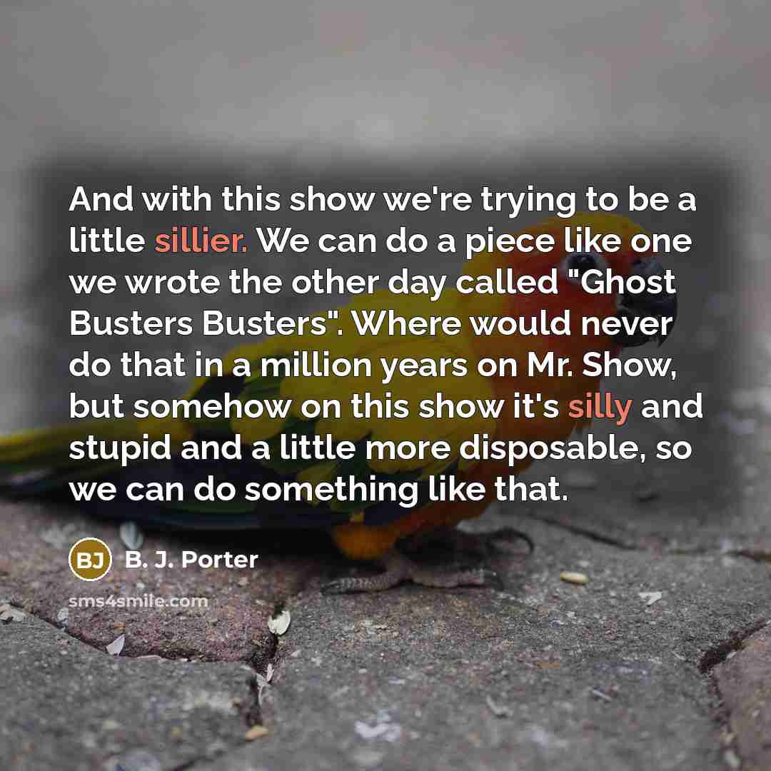“And with this show we're trying to be a little sillier. We can do a piece like one we wrote the other day called "Ghost Busters Busters". Where would never do that in a million years on Mr. Show, but somehow on this show it's silly and stupid and a little more disposable, so we can do something…” quote by B. J. Porter