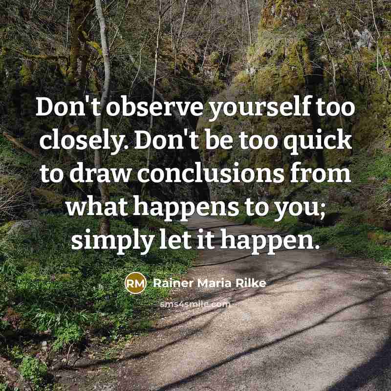 “Don't observe yourself too closely. Don't be too quick to draw conclusions from what happens to you; simply let it happen.” quote by Rainer Maria Rilke