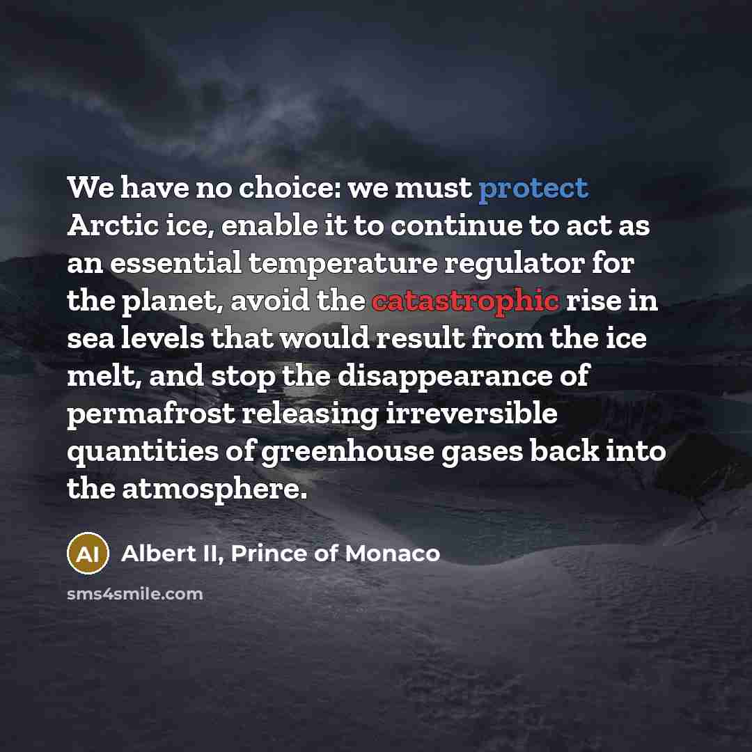 “We have no choice: we must protect Arctic ice, enable it to continue to act as an essential temperature regulator for the planet, avoid the catastrophic rise in sea levels that would result from the ice melt, and stop the disappearance of permafrost releasing irreversible quantities of greenhouse…” quote by Albert II, Prince of Monaco