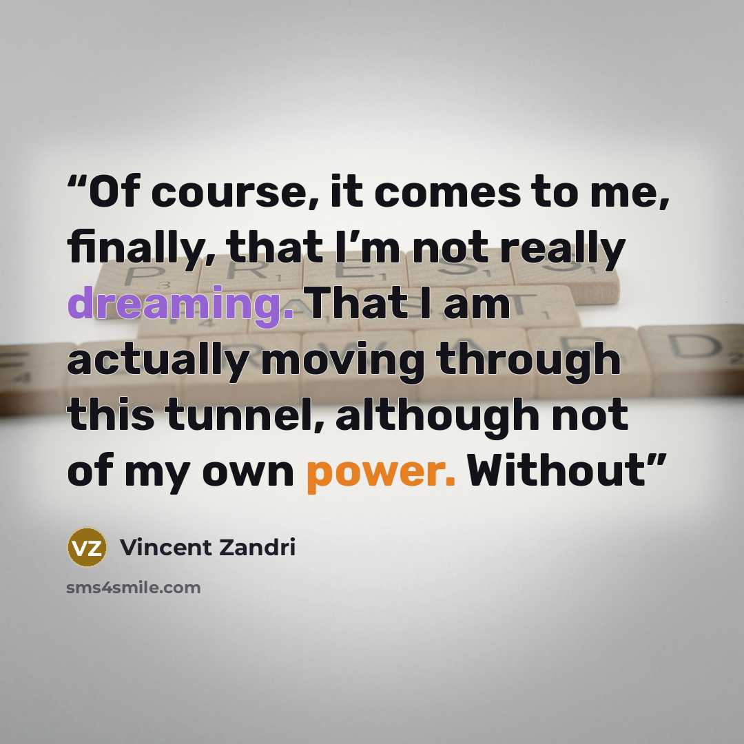 “Of course, it comes to me, finally, that I’m not really dreaming. That I am actually moving through this tunnel, although not of my own power. Without” quote by Vincent Zandri
