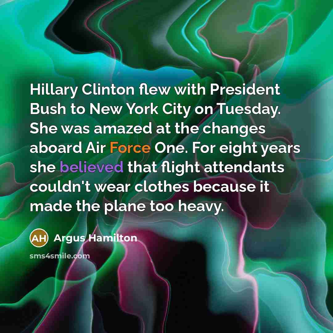 “Hillary Clinton flew with President Bush to New York City on Tuesday. She was amazed at the changes aboard Air Force One. For eight years she believed that flight attendants couldn't wear clothes because it made the plane too heavy.” quote by Argus Hamilton