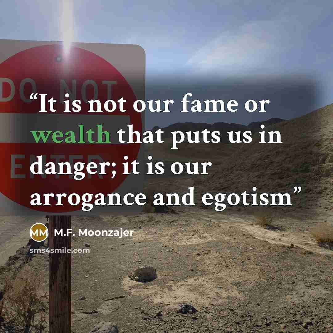 “It is not our fame or wealth that puts us in danger; it is our arrogance and egotism” quote by M.F. Moonzajer
