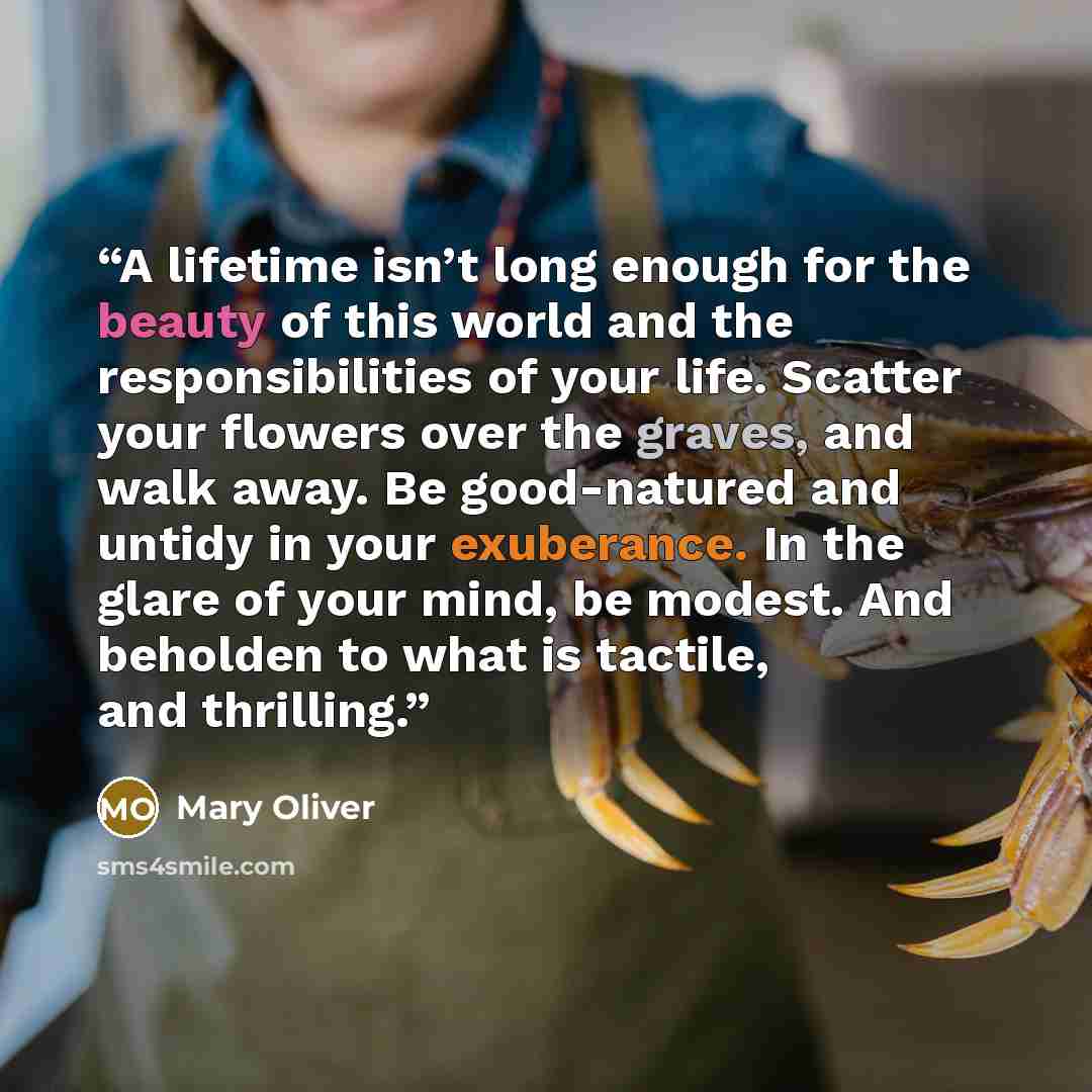 “A lifetime isn’t long enough for the beauty of this world and the responsibilities of your life. Scatter your flowers over the graves, and walk away. Be good-natured and untidy in your exuberance. In the glare of your mind, be modest. And beholden to what is tactile, and thrilling.” quote by Mary Oliver
