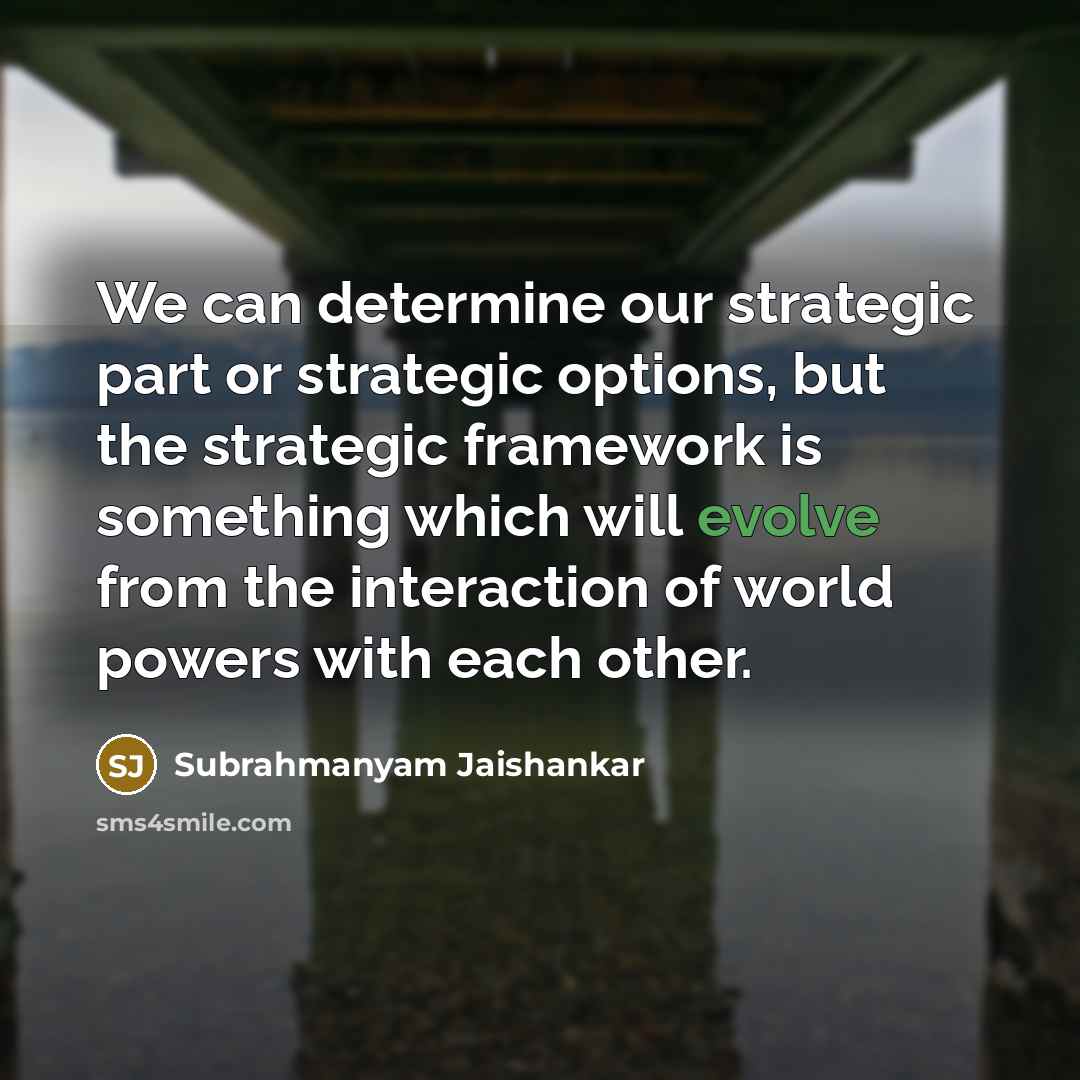 “We can determine our strategic part or strategic options, but the strategic framework is something which will evolve from the interaction of world powers with each other.” quote by Subrahmanyam Jaishankar