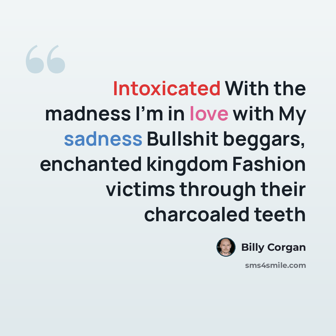 “Intoxicated With the madness I'm in love with My sadness Bullshit beggars, enchanted kingdom Fashion victims through their charcoaled teeth” quote by Billy Corgan