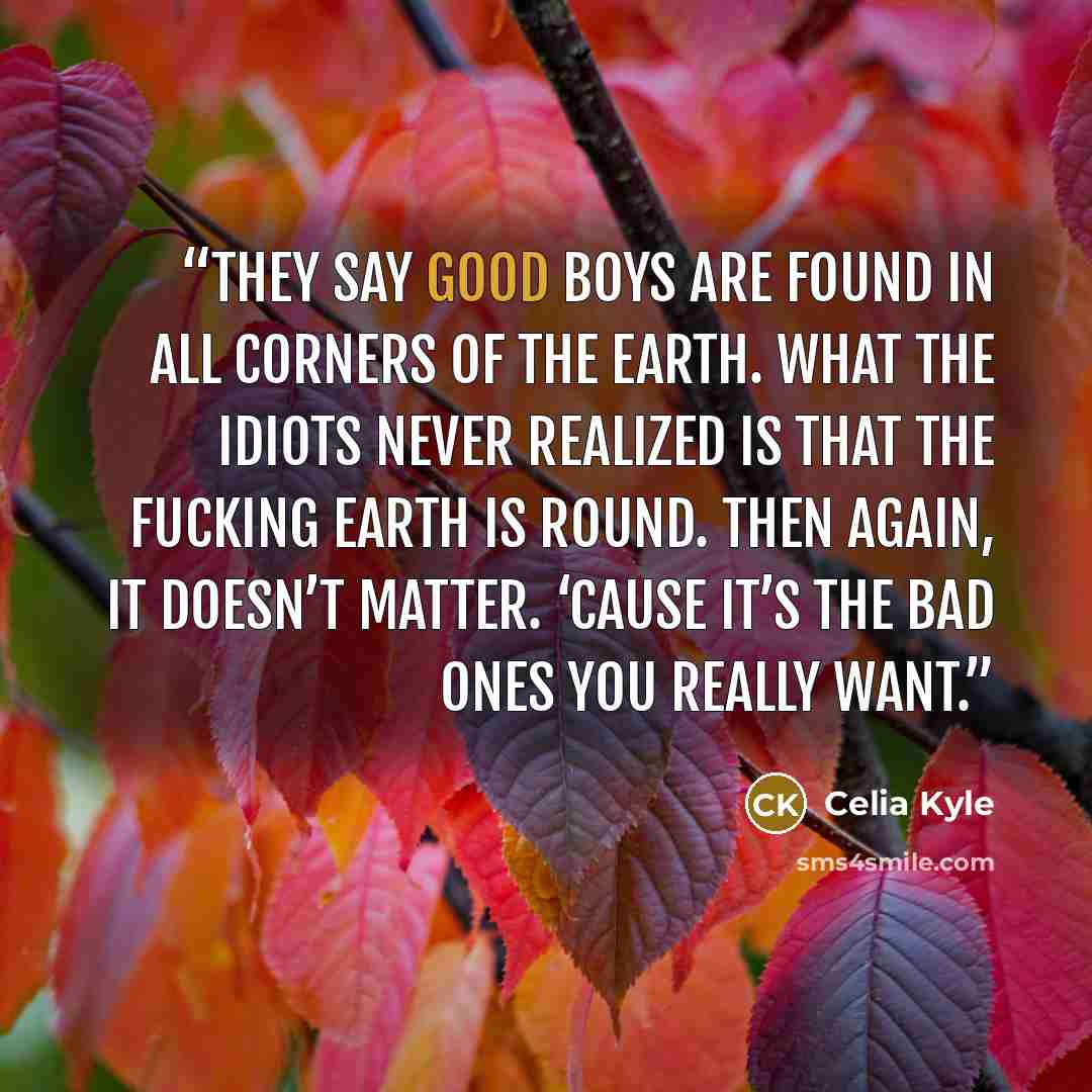 “They say good boys are found in all corners of the earth. What the idiots never realized is that the fucking earth is round. Then again, it doesn’t matter. ‘Cause it’s the bad ones you really want.” quote by Celia Kyle