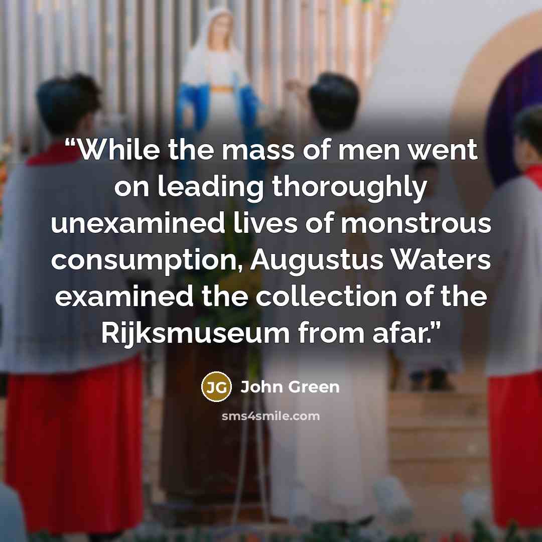 “While the mass of men went on leading thoroughly unexamined lives of monstrous consumption, Augustus Waters examined the collection of the Rijksmuseum from afar.” quote by John Green