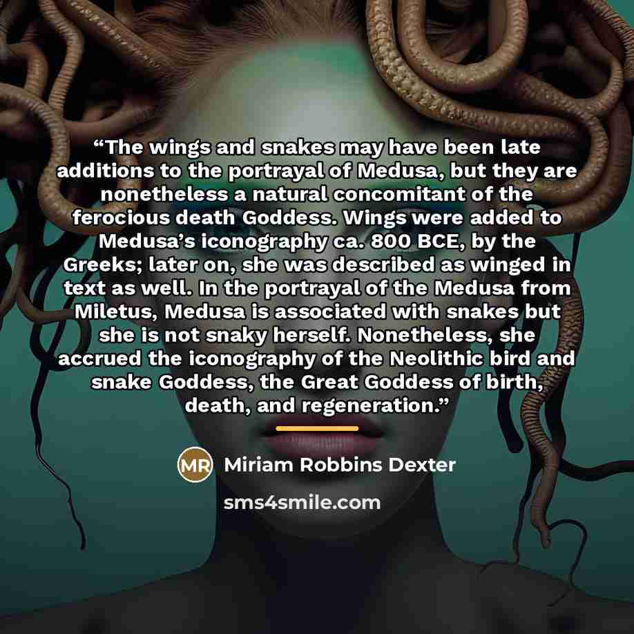 “The wings and snakes may have been late additions to the portrayal of Medusa, but they are nonetheless a natural concomitant of the ferocious death Goddess. Wings were added to Medusa’s iconography ca. 800 BCE, by the Greeks; later on, she was described as winged in text as well. In the portrayal…” quote by Miriam Robbins Dexter