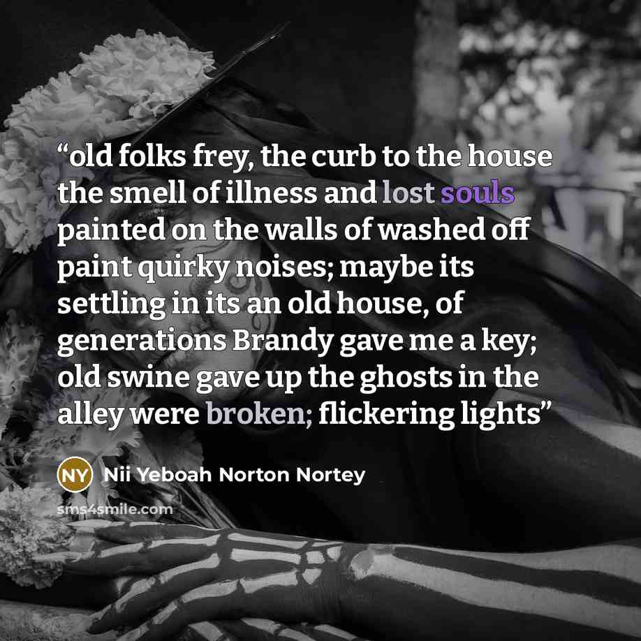 “old folks frey, the curb to the house the smell of illness and lost souls painted on the walls of washed off paint quirky noises; maybe its settling in its an old house, of generations Brandy gave me a key; old swine gave up the ghosts in the alley were broken; flickering lights” quote by Nii Yeboah Norton Nortey