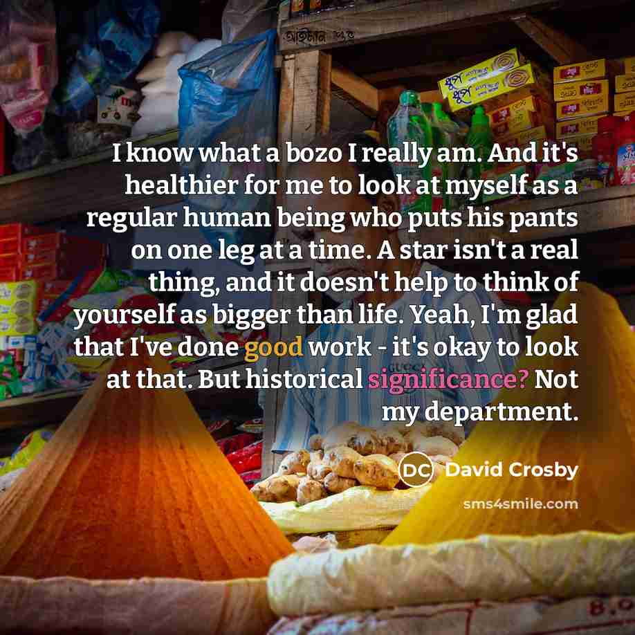 “I know what a bozo I really am. And it's healthier for me to look at myself as a regular human being who puts his pants on one leg at a time. A star isn't a real thing, and it doesn't help to think of yourself as bigger than life. Yeah, I'm glad that I've done good work - it's okay to look at…” quote by David Crosby