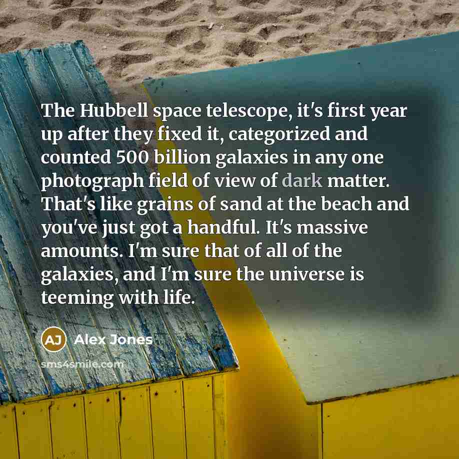 “The Hubbell space telescope, it's first year up after they fixed it, categorized and counted 500 billion galaxies in any one photograph field of view of dark matter. That's like grains of sand at the beach and you've just got a handful. It's massive amounts. I'm sure that of all of the galaxies…” quote by Alex Jones
