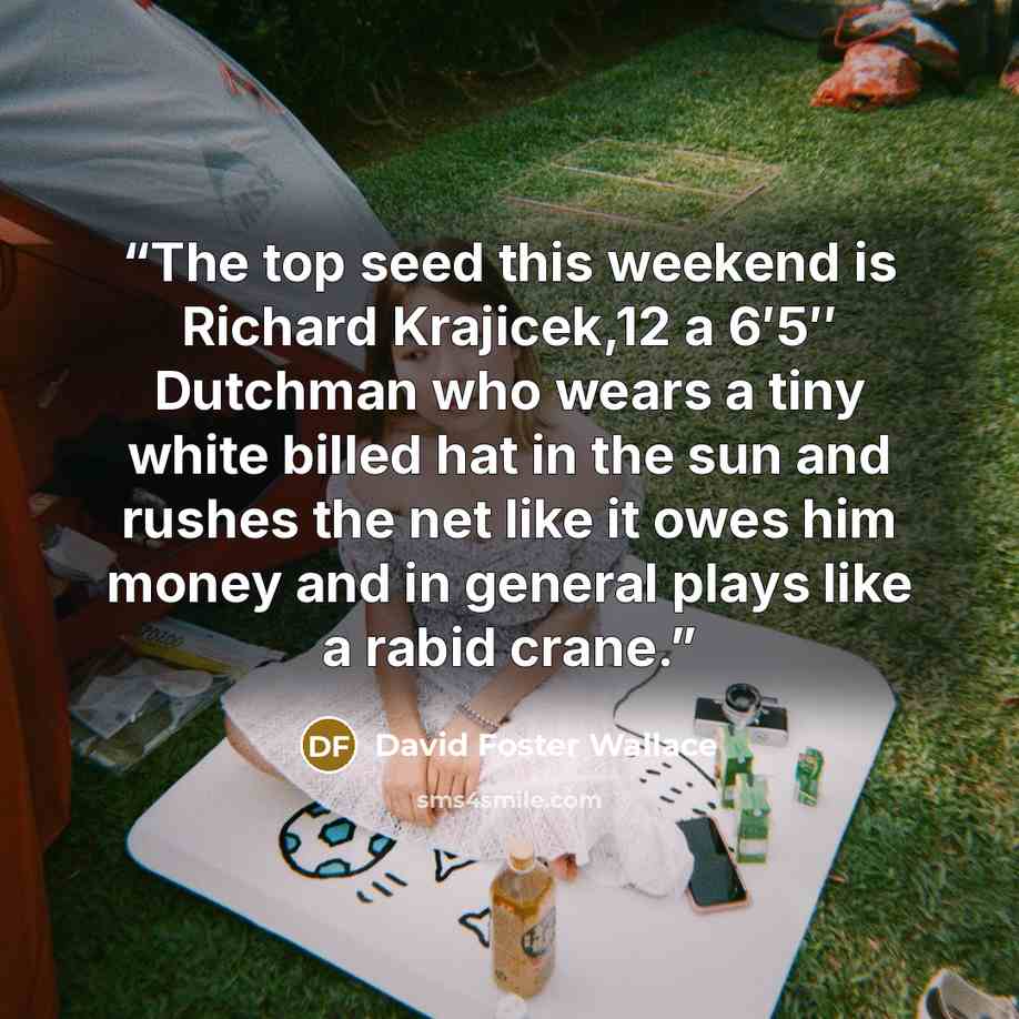“The top seed this weekend is Richard Krajicek,12 a 6′5″ Dutchman who wears a tiny white billed hat in the sun and rushes the net like it owes him money and in general plays like a rabid crane.” quote by David Foster Wallace
