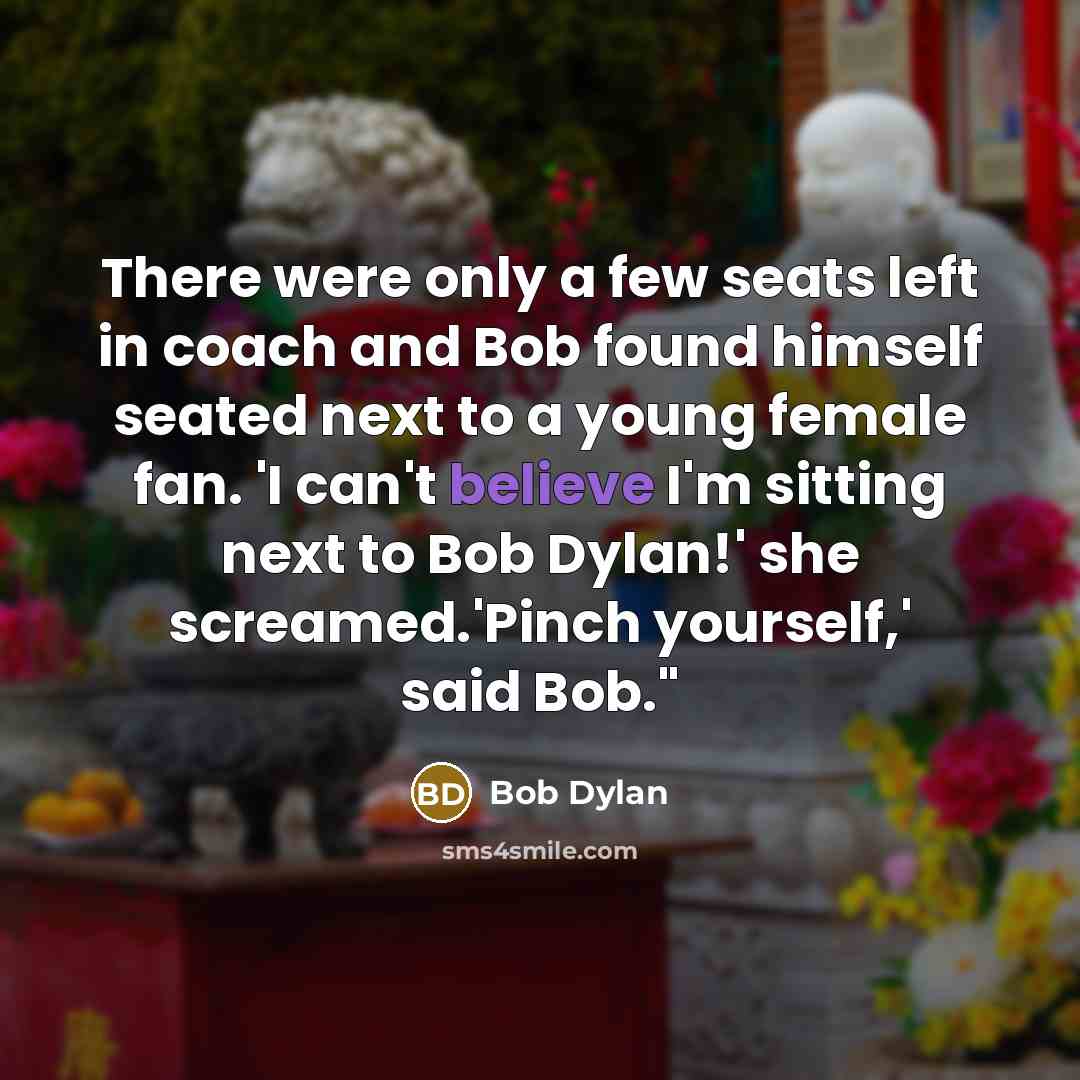 “There were only a few seats left in coach and Bob found himself seated next to a young female fan. 'I can't believe I'm sitting next to Bob Dylan!' she screamed.'Pinch yourself,' said Bob."” quote by Bob Dylan